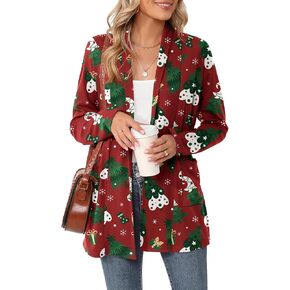 Micoson Xmas Print Long Sleeve Lightweight Cardigan for Women Ugly Christmas Cute Loose Fit Coat with Pockets
