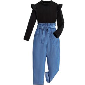 Girls Long Sleeve T Shirts Casual Ribbed Knit Ruffle Trim Sweater Tops and Blue Faux Denim Pants with Belt Set