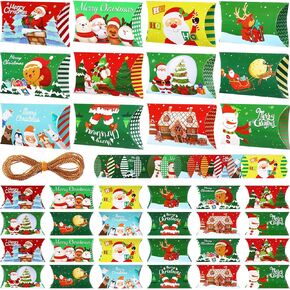 120 Pcs Christmas Pillow Boxes Small Gifts Boxes Christmas Gift Card Holders Bulk 12 Designs Xmas Candy Boxes Decorative Paper Container for Candy Jewelry Xmas Party Favors with 3 Gold Twines
