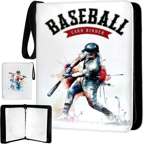 900 Pockets Baseball Card Binder, 9 pockets Card Binder, PU leather Baseball Card Sleeves, baseball player Sports Card Binder, white background, baseball player blue and red Baseball Card Organizer in Saudi Arabia