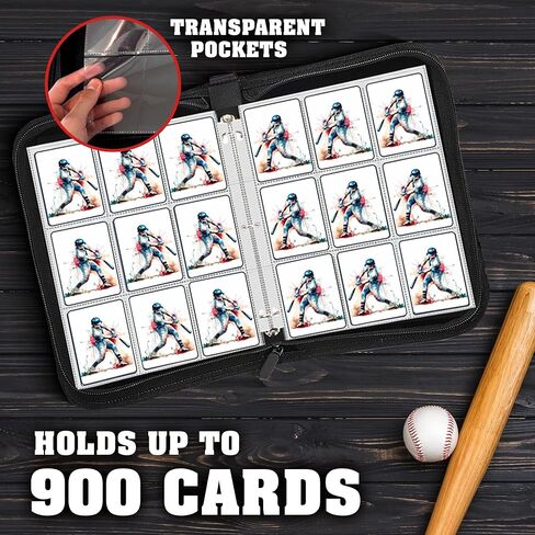 900 Pockets Baseball Card Binder, 9 pockets Card Binder, PU leather Baseball Card Sleeves, baseball player Sports Card Binder, white background, baseball player blue and red Baseball Card Organizer in Saudi Arabia