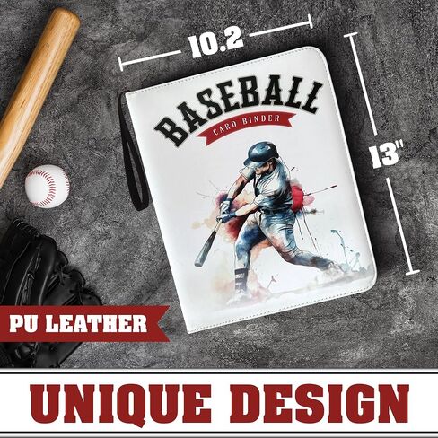 900 Pockets Baseball Card Binder, 9 pockets Card Binder, PU leather Baseball Card Sleeves, baseball player Sports Card Binder, white background, baseball player blue and red Baseball Card Organizer in Saudi Arabia