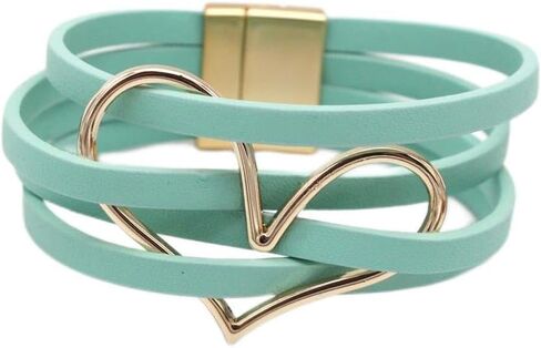 COLORFUL BLING Handmade Layered Cuff Heart Charm Leather Wrap Bracelet/Multi Strand Bangle/Holiday Jewelry Gift in Saudi Arabia
