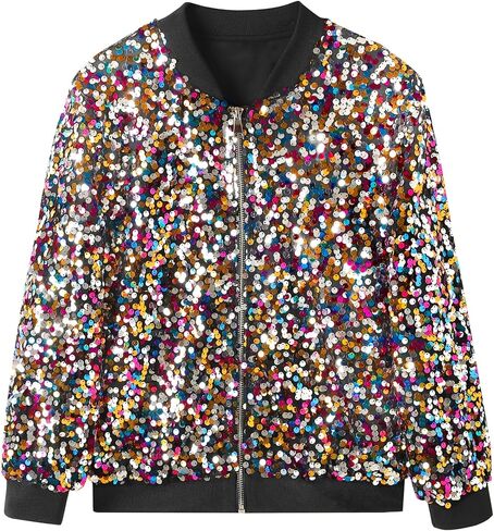 EXARUS Girls Sequin Bomber Jacket with Pockets Sparkle Lightweight Zipper Long Sleeve Jackets for Kid 6-12Y in Saudi Arabia