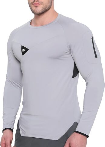 BROKIG Men's Armzip Long Sleeve Running Shirts Quick Dry Sun Protection UV UPF 50+ Jogging T Shirts Zip Pocket Gym Workout in Kuwait