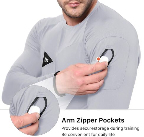 BROKIG Men's Armzip Long Sleeve Running Shirts Quick Dry Sun Protection UV UPF 50+ Jogging T Shirts Zip Pocket Gym Workout in Kuwait