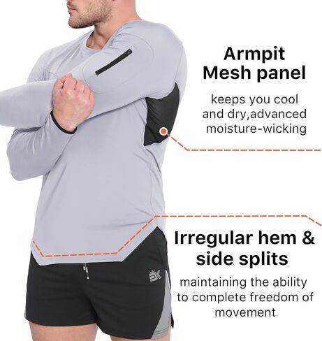 BROKIG Men's Armzip Long Sleeve Running Shirts Quick Dry Sun Protection UV UPF 50+ Jogging T Shirts Zip Pocket Gym Workout in Kuwait