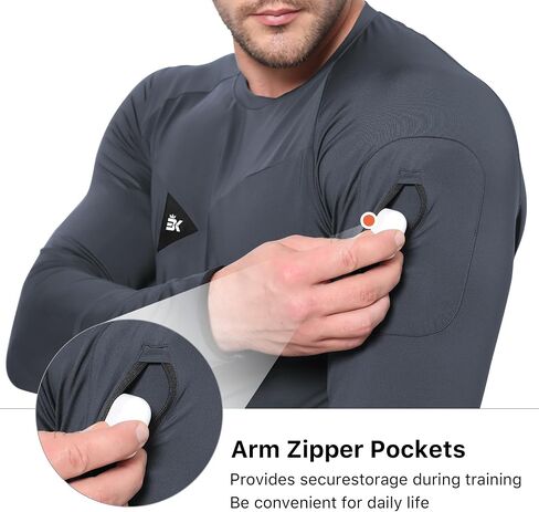 BROKIG Men's Armzip Long Sleeve Running Shirts Quick Dry Sun Protection UV UPF 50+ Jogging T Shirts Zip Pocket Gym Workout in Kuwait