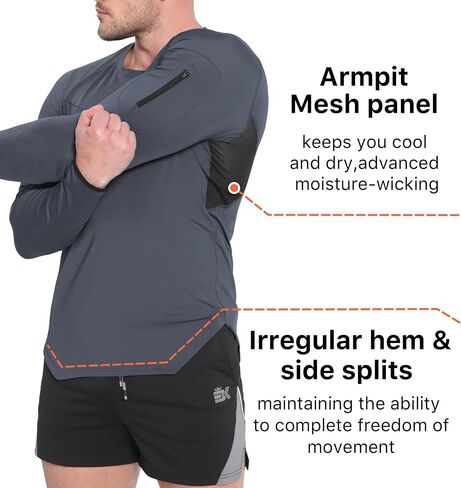 BROKIG Men's Armzip Long Sleeve Running Shirts Quick Dry Sun Protection UV UPF 50+ Jogging T Shirts Zip Pocket Gym Workout in Kuwait