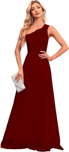 2024 Women’s One Shoulder Bridesmaid Wedding Guests Dresses Long Lace Appliques A-Line Chiffon Prom Dresses with Slit. in Saudi Arabia