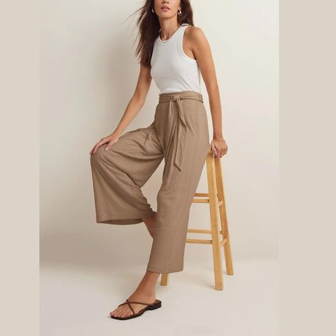 سروال بالازو غير رسمي صيفي للسيدات لعام 2024 بأرجل واسعة وخصر عالٍ مع أحزمة in Kuwait