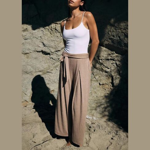 سروال بالازو غير رسمي صيفي للسيدات لعام 2024 بأرجل واسعة وخصر عالٍ مع أحزمة in Kuwait