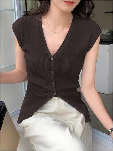 Women's Cardigan Sweater Vest Tops Cap Sleeve V Neck Button Down Tank Tops Knit Fall Outfits 2024 in Saudi Arabia