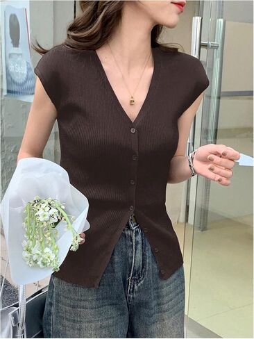 Women's Cardigan Sweater Vest Tops Cap Sleeve V Neck Button Down Tank Tops Knit Fall Outfits 2024 in Saudi Arabia