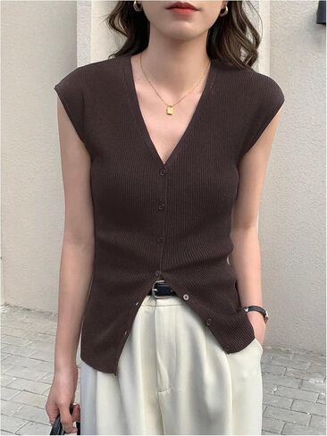 Women's Cardigan Sweater Vest Tops Cap Sleeve V Neck Button Down Tank Tops Knit Fall Outfits 2024 in Saudi Arabia