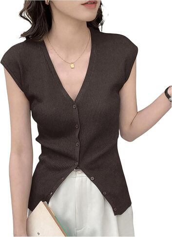 Women's Cardigan Sweater Vest Tops Cap Sleeve V Neck Button Down Tank Tops Knit Fall Outfits 2024 in Saudi Arabia
