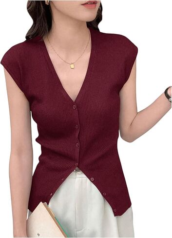Women's Cardigan Sweater Vest Tops Cap Sleeve V Neck Button Down Tank Tops Knit Fall Outfits 2024 in Saudi Arabia