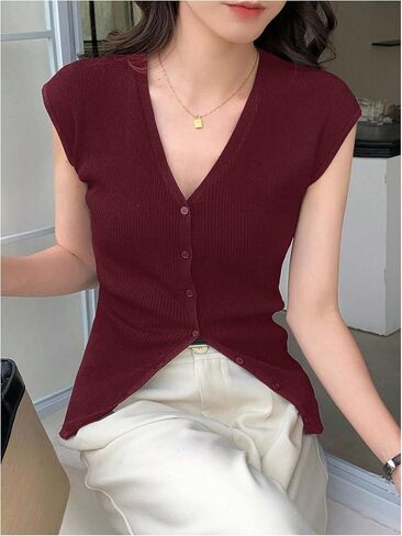 Women's Cardigan Sweater Vest Tops Cap Sleeve V Neck Button Down Tank Tops Knit Fall Outfits 2024 in Saudi Arabia