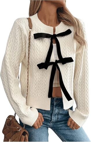 MakeMeChic Women's Cable Knit Crew Neck Sweater Cardigan Bow Tie Front Long Sleeve Outerwear in Kuwait