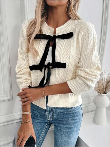 MakeMeChic Women's Cable Knit Crew Neck Sweater Cardigan Bow Tie Front Long Sleeve Outerwear in Kuwait
