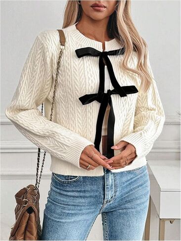MakeMeChic Women's Cable Knit Crew Neck Sweater Cardigan Bow Tie Front Long Sleeve Outerwear in Kuwait