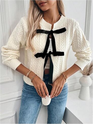 MakeMeChic Women's Cable Knit Crew Neck Sweater Cardigan Bow Tie Front Long Sleeve Outerwear in Kuwait