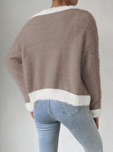 Pink Queen Women's Furry Cropped Cardigan Color Block Batwing Sleeves Open Front V-Neck Button Down Knit Sweater Coat in Saudi Arabia