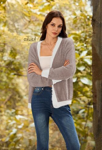 Pink Queen Women's Furry Cropped Cardigan Color Block Batwing Sleeves Open Front V-Neck Button Down Knit Sweater Coat in Saudi Arabia