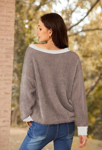 Pink Queen Women's Furry Cropped Cardigan Color Block Batwing Sleeves Open Front V-Neck Button Down Knit Sweater Coat in Saudi Arabia
