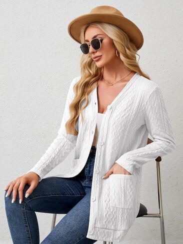 Women's Open Front Cardigan Sweaters Lightweight Casual Long Sleeve Knit Cardigan Button Down Outwear with Pockets in Saudi Arabia