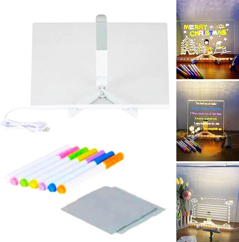لوحة مسح جافة مضيئة مقاس 11.8 × 7.9 بوصة مع حامل كمذكرة متوهجة ولوحة رسائل LED ولوحة زجاجية ولوحة بيضاء مع 7 أقلام لوحة مسح جافة من الأكريليك مع ضوء للمدرسة والمنزل in Kuwait