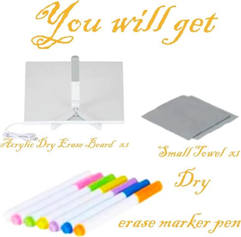 لوحة مسح جافة مضيئة مقاس 11.8 × 7.9 بوصة مع حامل كمذكرة متوهجة ولوحة رسائل LED ولوحة زجاجية ولوحة بيضاء مع 7 أقلام لوحة مسح جافة من الأكريليك مع ضوء للمدرسة والمنزل in Kuwait