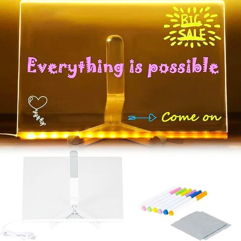 لوحة مسح جافة مضيئة مقاس 11.8 × 7.9 بوصة مع حامل كمذكرة متوهجة ولوحة رسائل LED ولوحة زجاجية ولوحة بيضاء مع 7 أقلام لوحة مسح جافة من الأكريليك مع ضوء للمدرسة والمنزل in Kuwait