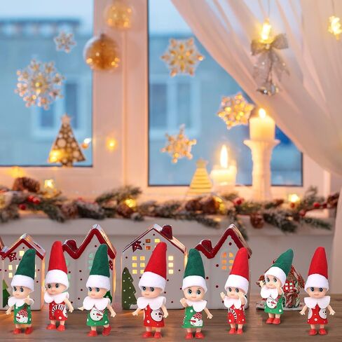 8 Pieces Christmas Elf Doll Elf Twins Tiny Christmas Dolls Twin Doll Christmas Miniature Accessories Cute for Christmas Xmas Decorations Advent Calendars and Stocking Stuffers, Red, Green in Saudi Arabia