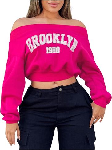 GORGLITTER Women's Letter Graphic Off The Shoulder Sweatshirt Long Sleeve Preppy Cropped Sweatshirt in Saudi Arabia