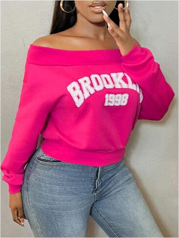 GORGLITTER Women's Letter Graphic Off The Shoulder Sweatshirt Long Sleeve Preppy Cropped Sweatshirt in Saudi Arabia