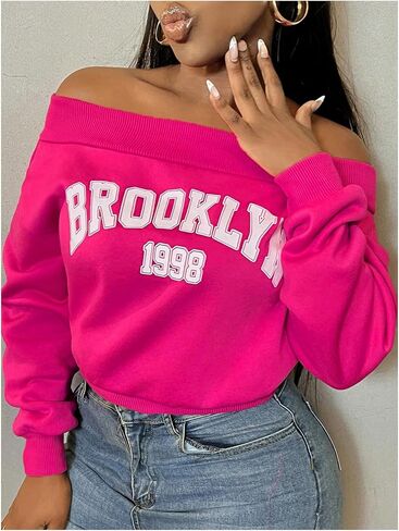 GORGLITTER Women's Letter Graphic Off The Shoulder Sweatshirt Long Sleeve Preppy Cropped Sweatshirt in Saudi Arabia