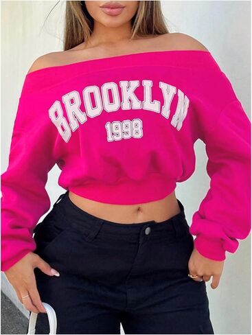 GORGLITTER Women's Letter Graphic Off The Shoulder Sweatshirt Long Sleeve Preppy Cropped Sweatshirt in Saudi Arabia