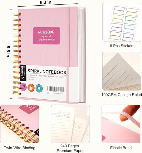 Yoment Pink Notebook Subject Spiral Notebook 6 x 8 College Ruled Bound Journal Notebooks for Work 100 GSM Thick Paper Notebooks for Note Taking School Office Supplies in Saudi Arabia