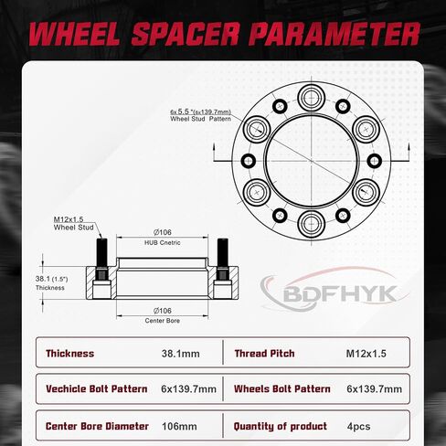 BDFHYK 6X5.5 Wheel Spacers 1.5 inch 6x139.7mm Hub Centric Wheel Spacer Set with M12x1.5 Studs 106mm Center Bore Compatible with 4Runner FJ Cruiser Sequoia Tacoma Tundra Lexus GX470 GX460, Set of 4 in Saudi Arabia