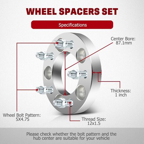 5x4.75 Wheel Spacers for Chevrolet for Camaro/Impala/for Nova, for GMC for S15/Sonoma, for Cadillac for Eldorado/XLR, 2Pcs 1inch Wheel Adapters & Spacers 12x1.5 Studs 87.1mm Bore in Saudi Arabia
