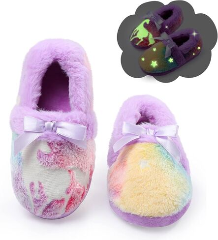MEJORMEN Girls Fluffy Unicorn Slippers Multicolor Cute Bowknot Faux Fur House Slipper with Glow in the Dark for Kids Toddler Bedroom in Kuwait