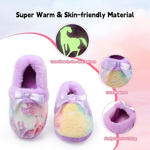 MEJORMEN Girls Fluffy Unicorn Slippers Multicolor Cute Bowknot Faux Fur House Slipper with Glow in the Dark for Kids Toddler Bedroom in Kuwait