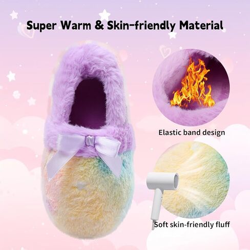 MEJORMEN Girls Fluffy Unicorn Slippers Multicolor Cute Bowknot Faux Fur House Slipper with Glow in the Dark for Kids Toddler Bedroom in Kuwait