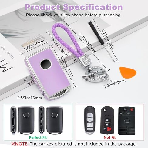 PIFOOG Key Fob Cover for Mazda Purple Car Keys Case Shell for Mazda CX5 CX30 CX9 CX50 3 6 CX90 MX5 Miata 4 Button Accessories Bling Keychain Protector أغطية كاملة جرلي النساء الفضة TPU in Kuwait
