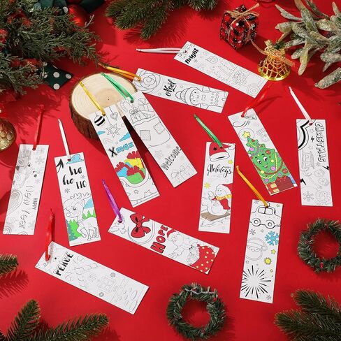 108 Pcs Color Your Own Bookmarks Christmas Bookmarks, DIY Coloring Blank Paper Bookmarks with Santa Snowman Reindeer Christmas Tree Design for Xmas Gifts Party Favors DIY Supplies in Saudi Arabia