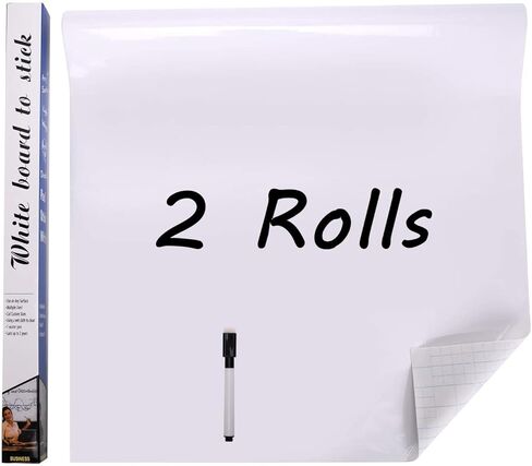 ملصق سبورة بيضاء للمسح الجاف 2 لفات 1.5 قدم × 6.6 قدم ورق جدران مقشر لاصق ذاتي اللصق لرسم مؤتمرات الفصول الدراسية والمكتب المنزلي، 2 علامة إضافية in Kuwait