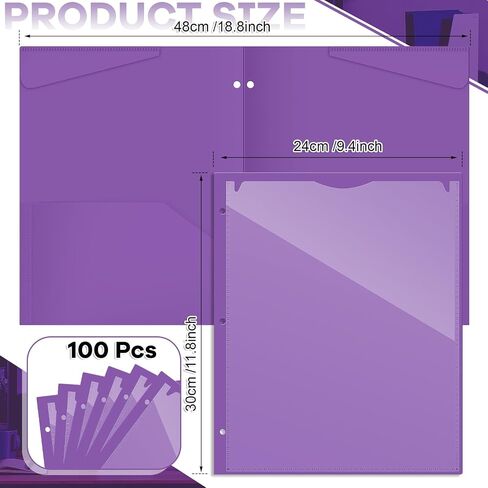 Henoyso 100 Pack 2 Pocket Folders with Clear Front Pocket 3 Hole Punched Plastic Heavy Duty Folders with Pockets for 3 Ring Binder Folders for 11 x 9 Inch Paper Holder Office Classroom (Purple) in Saudi Arabia