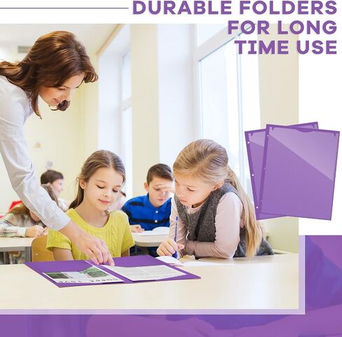 Henoyso 100 Pack 2 Pocket Folders with Clear Front Pocket 3 Hole Punched Plastic Heavy Duty Folders with Pockets for 3 Ring Binder Folders for 11 x 9 Inch Paper Holder Office Classroom (Purple) in Saudi Arabia