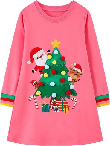 HILEELANG Toddler Girl Long Sleeve Christmas Dress Cotton Casual Jersey Shirt Playwear Applique Dress in Saudi Arabia